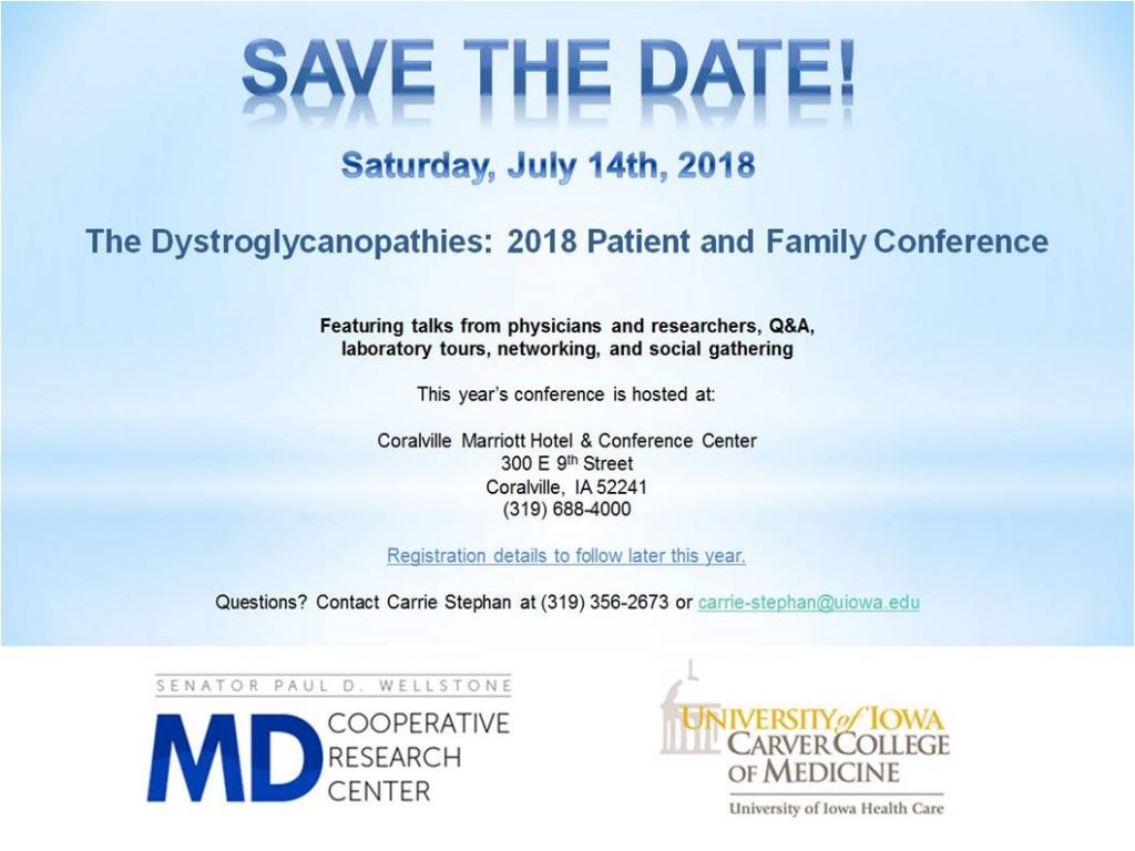 Save the Date - Saturday, July 14th, 2018 - The Dystroglycanopathies: 2018 Patient and Family Conference